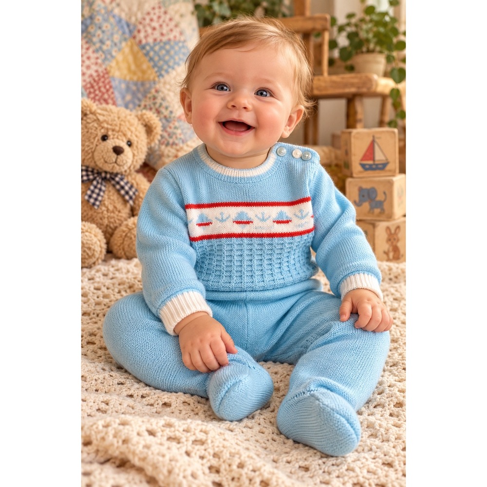 Vintage Up Scale Baby Boy Knit Sailboat Sweater and Footed Pants Set Blue 0-6M